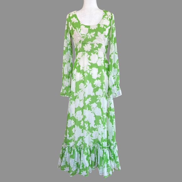 Vintage 60s Jack Bryan Floral Maxi Dress Green White S M - Picture 15 of 16